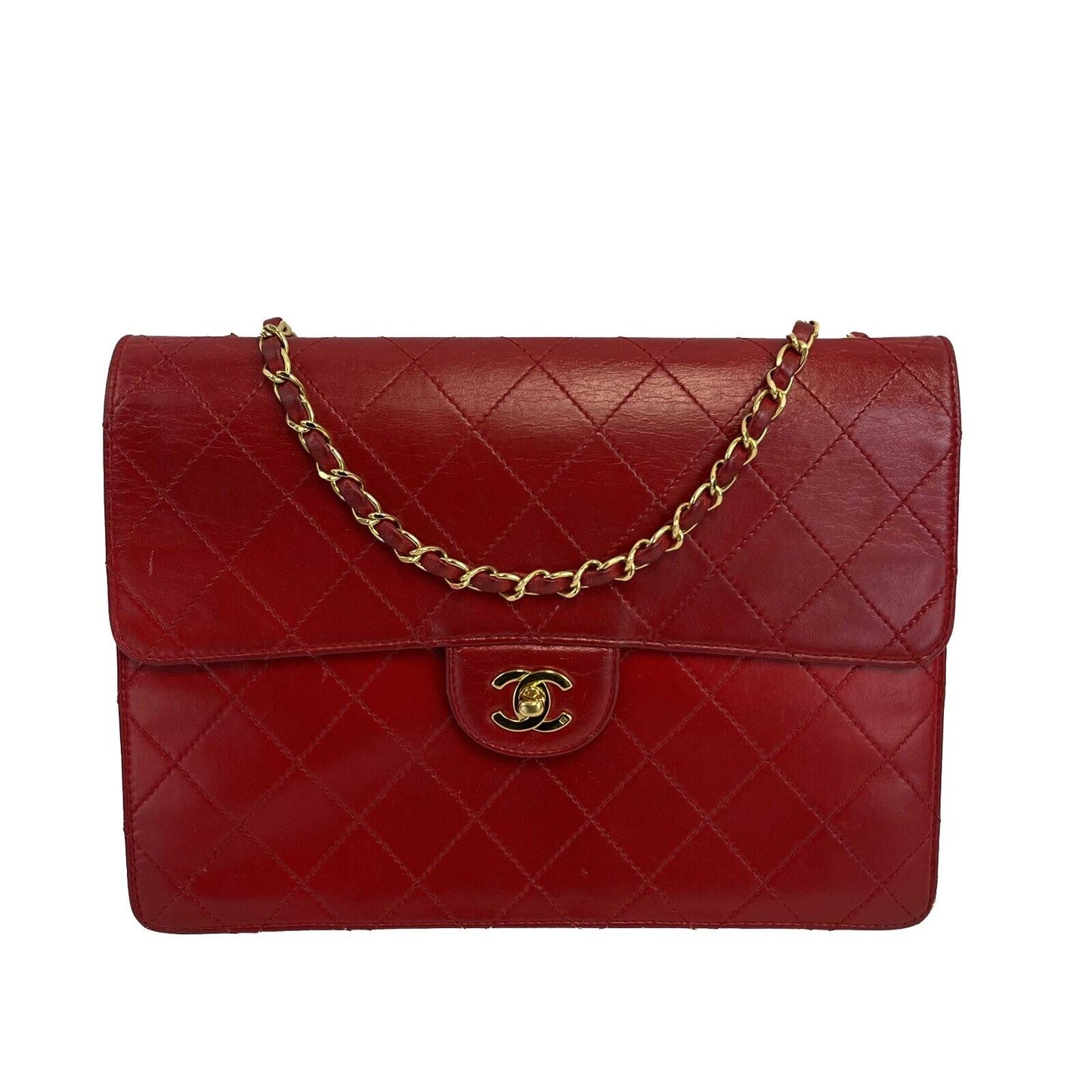 CHANEL - Vintage Jumbo CC Lambskin Single Flap Red Shoulder Bag