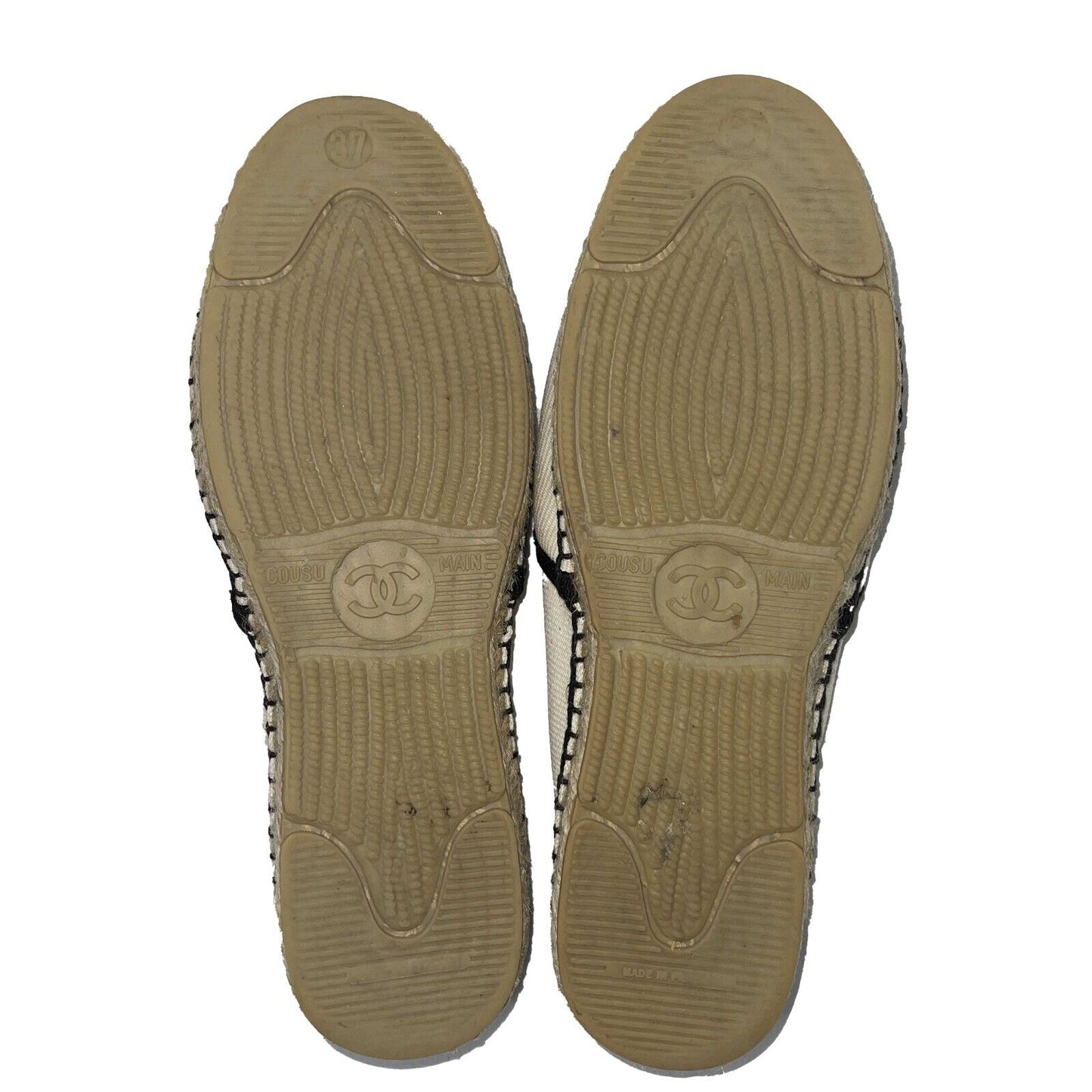 CHANEL - 10B Camellia Flower Espadrilles - Ivory, Black - 37- US 7