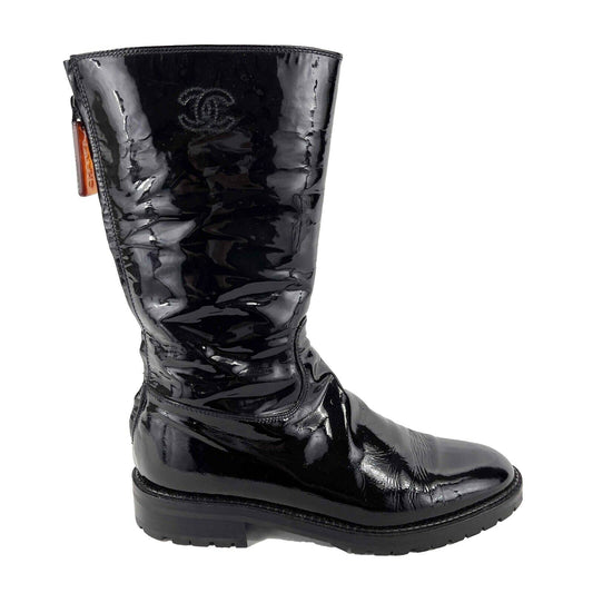 CHANEL - Tortoise Zip Pull - Vintage 97A Patent Boots Lug Sole Black 36 US 6