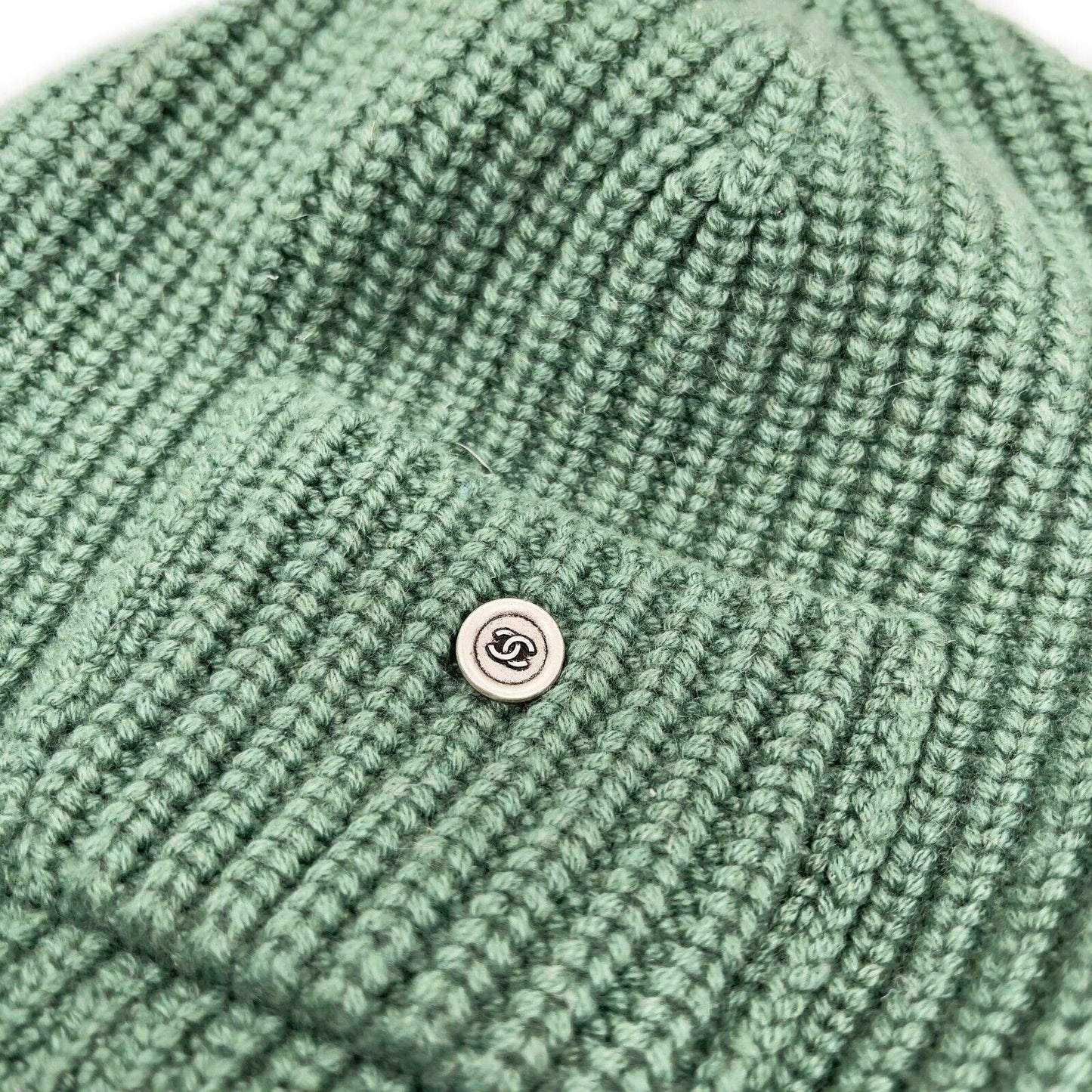 CHANEL - Cashmere Knitted Green Beanie - Patch Pocket w/ Silver CC Button - XS