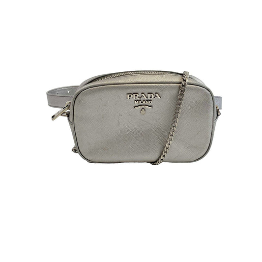 Prada - Odette Saffiano Leather Silver Belt Bag/Crossbody