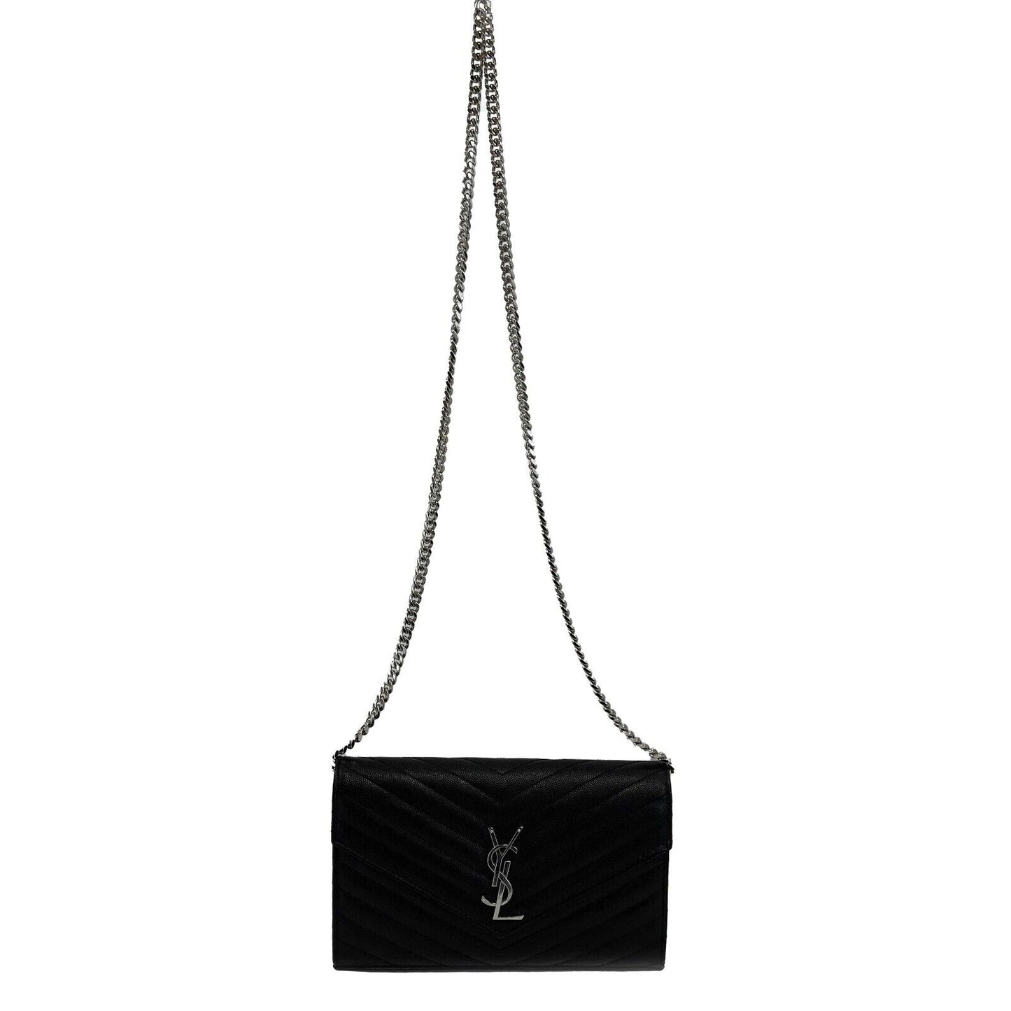 Saint Laurent Cassandre Matelassé Chain Wallet in Grain de Poudre Embossed