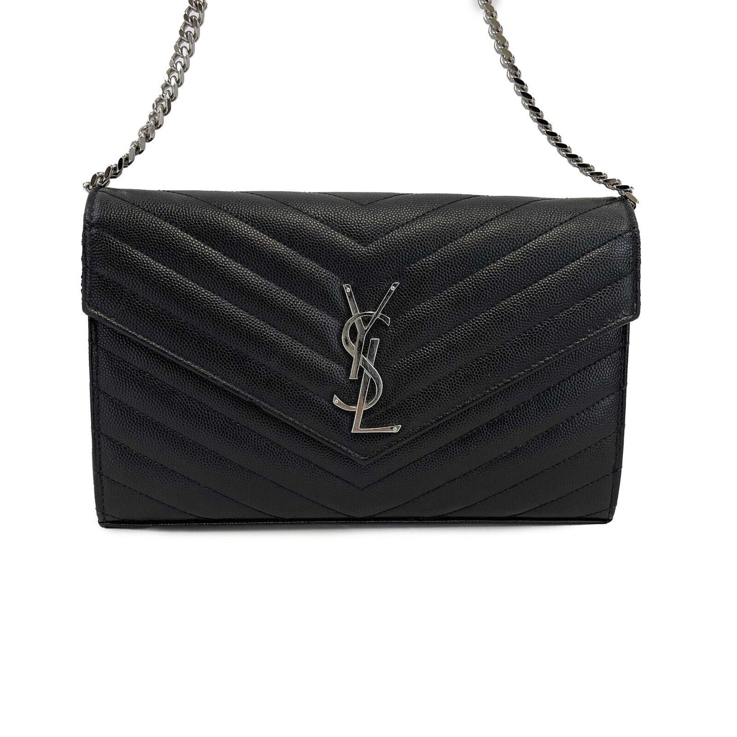 Saint Laurent Cassandre Matelassé Chain Wallet in Grain de Poudre Embossed
