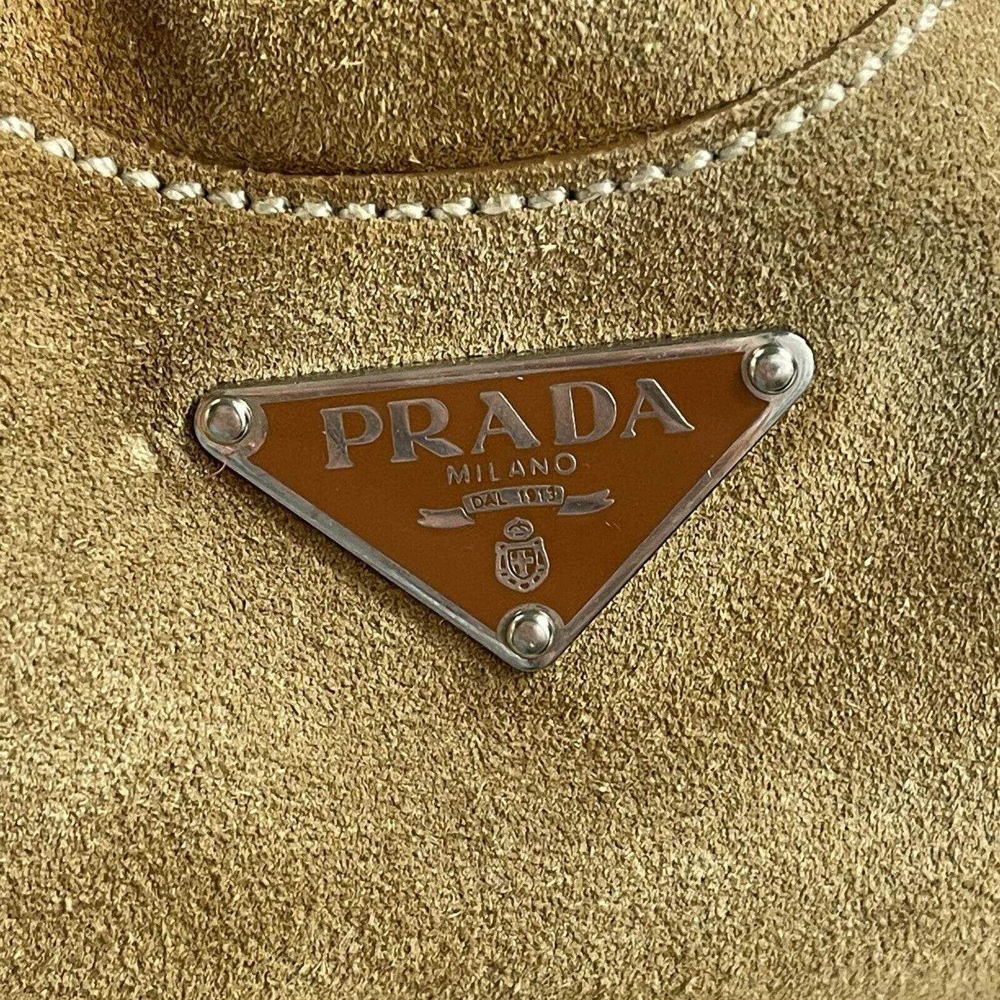 Prada - Large Camel / Silver Suede Belt Shoulder Bag / Buckle Closure