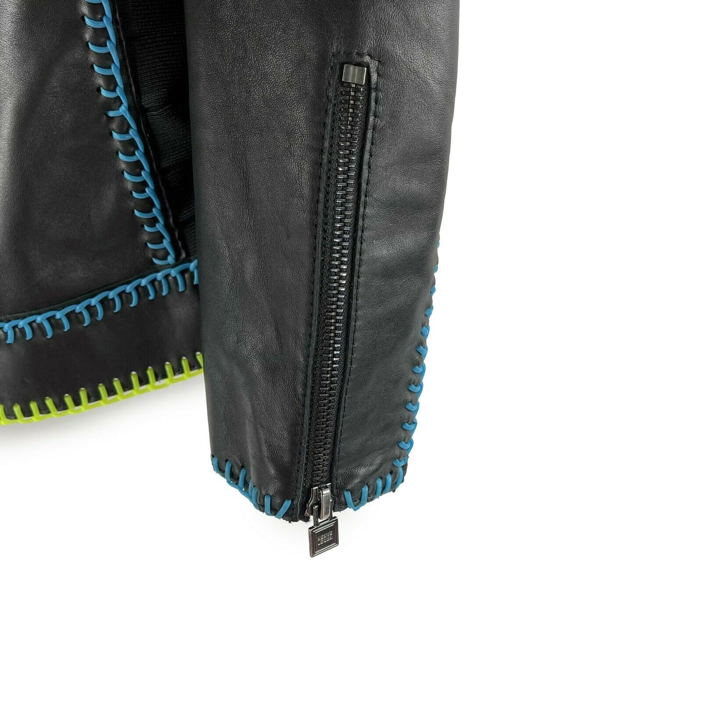 Herve Leger - Black Moto Biker Contrast Stitch Leather Jacket - Size Small S