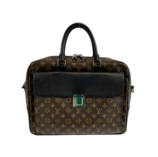 Louis Vuitton Briefcase Monogram Canvas Macassar Leather Laptop Bag Brown Black