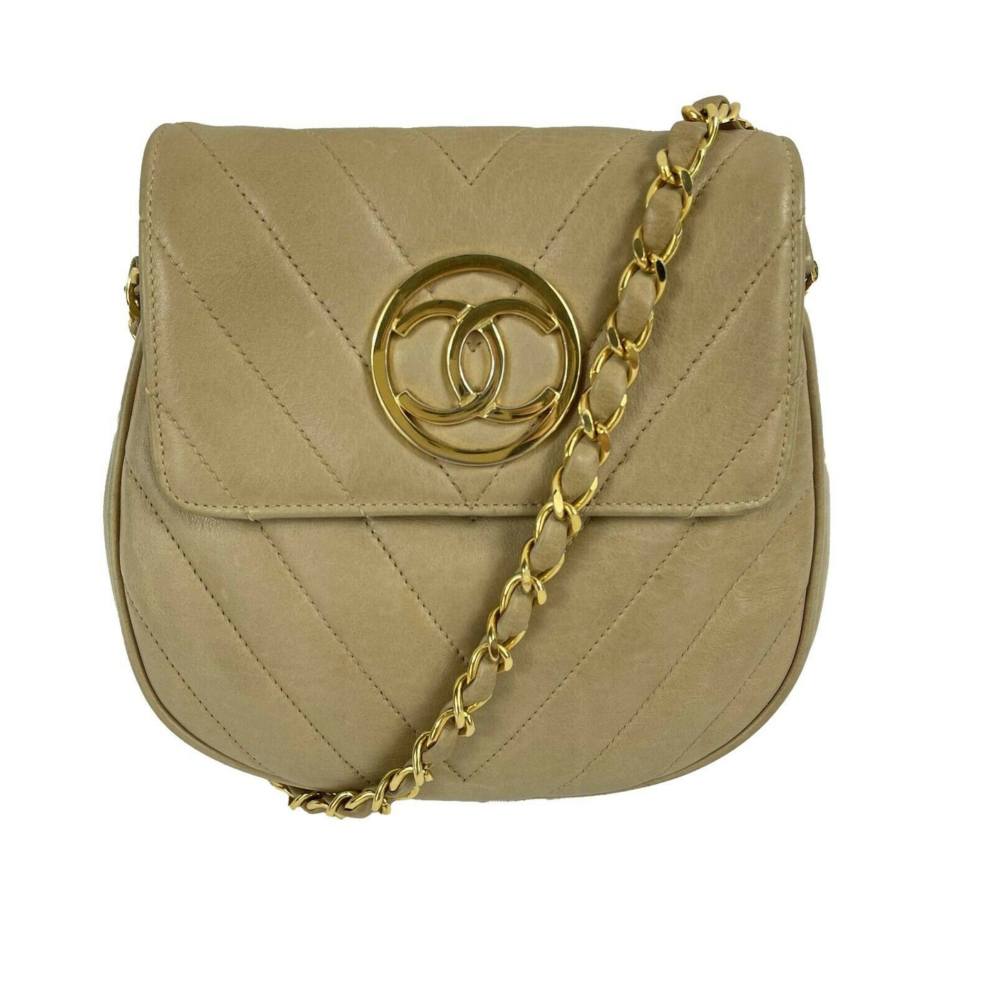 CHANEL - 90's Vintage Chevron Flap 24k - CC logo - Beige / Gold-tone Crossbody