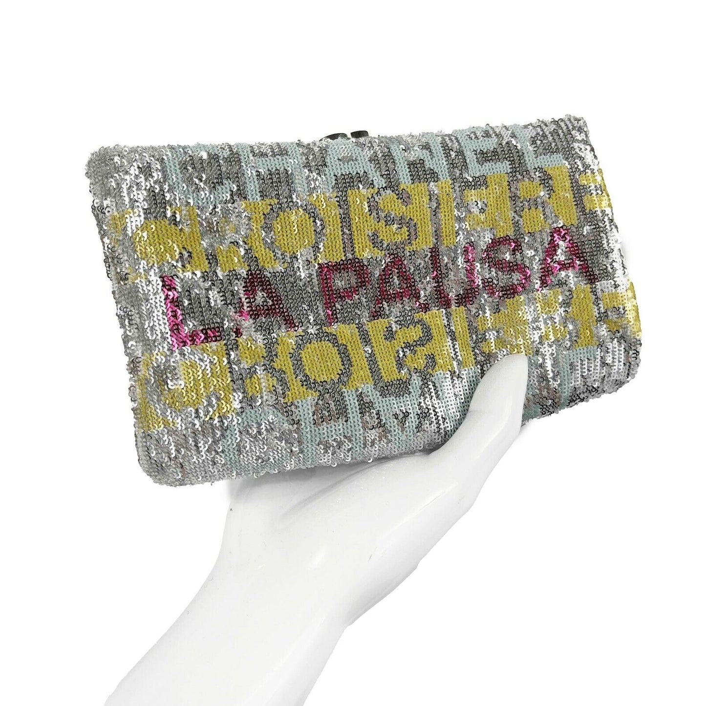 CHANEL - La Pausa Small Embroidered Satin Silver Sequin Clutch Bag