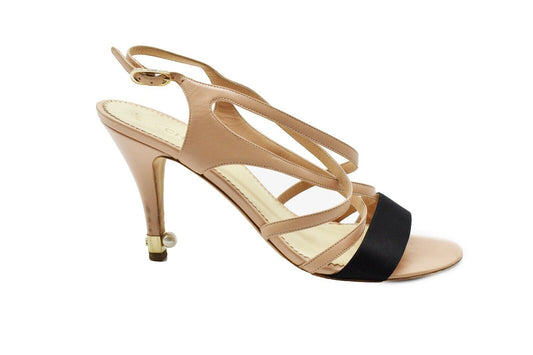 Chanel - Strappy Sandal Open Toe Heels - Satin Beige Black - CC Logo - US 8 - 39